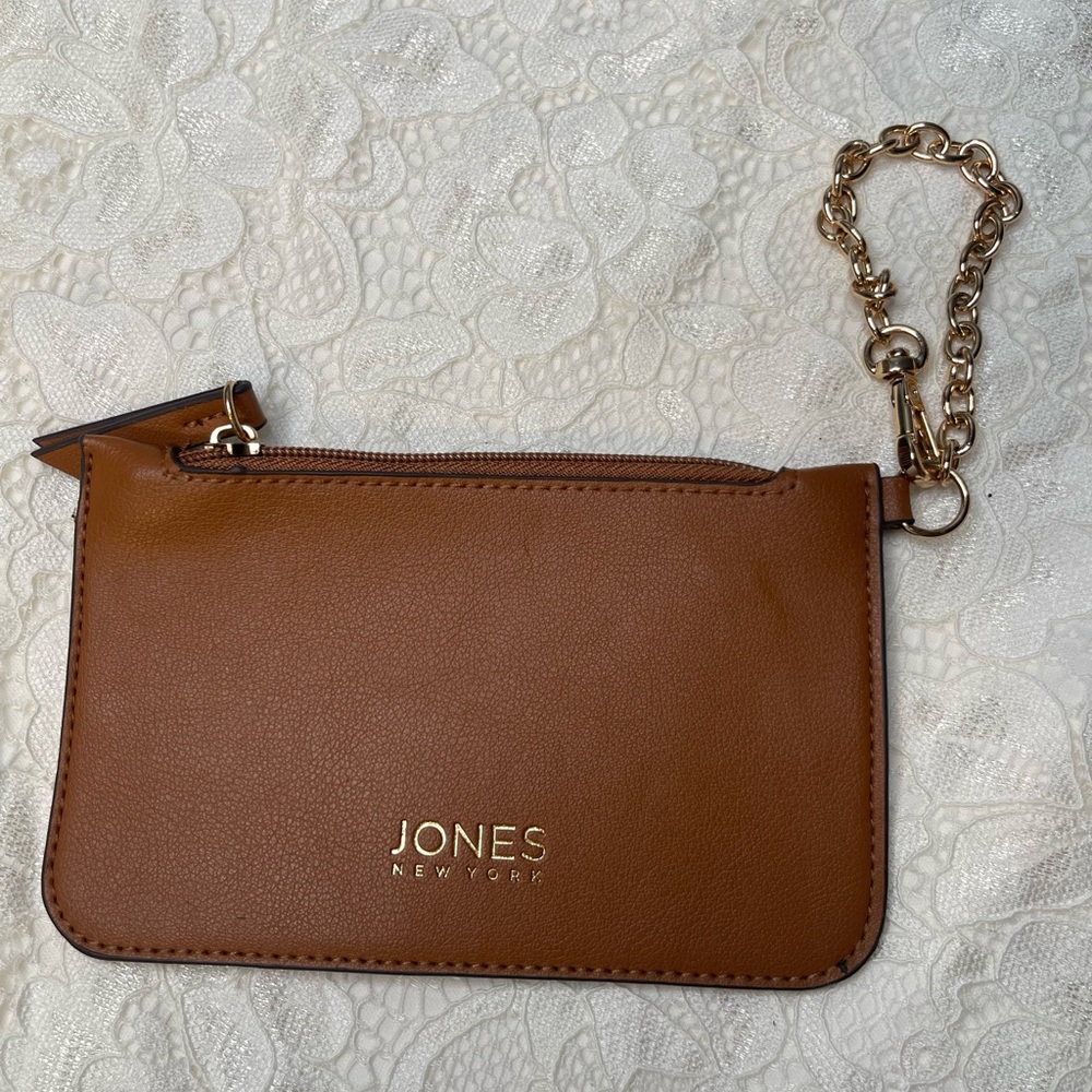 Jones New York Brown Leather Wristlet with Gold Chain
